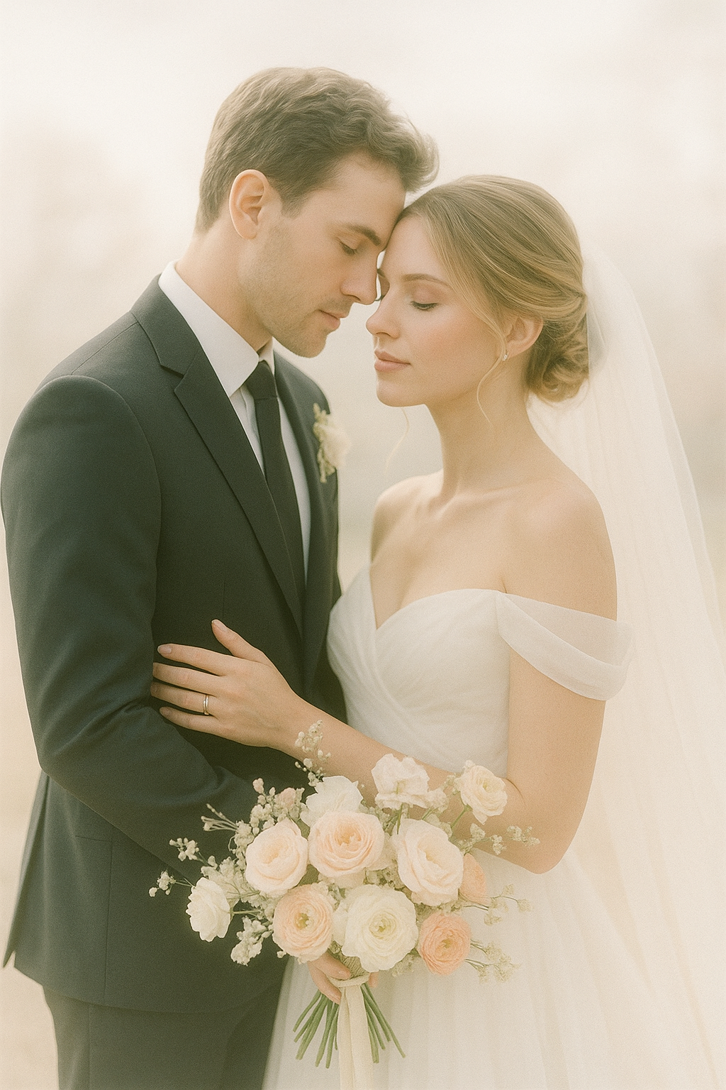 Dreamy fine art photo of a romantic wedding couple embraced in soft pastel light, gentle and elegant composition