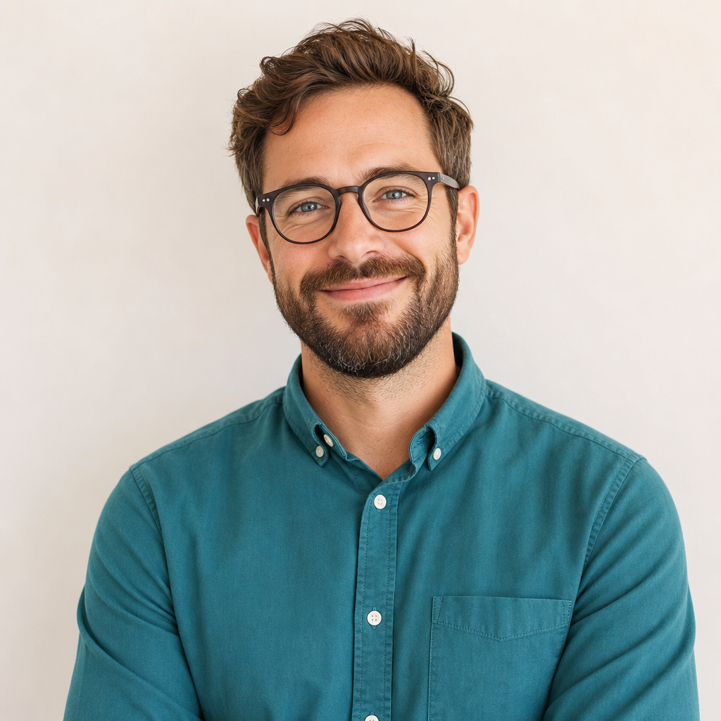 Man with glasses and a tidy beard wearing a teal button-up shirt