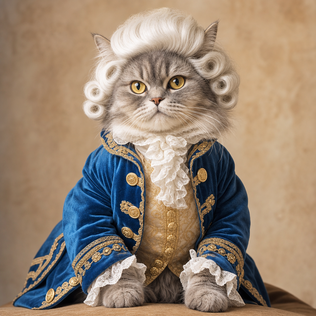 A fluffy gray cat wearing a powdered wig and a blue velvet coat like a historical figure