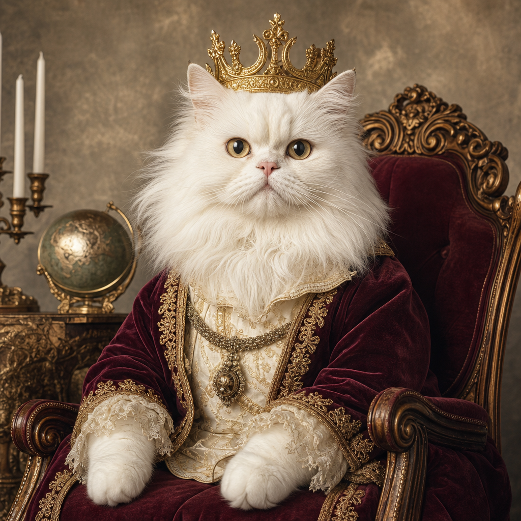 A white long-haired cat dressed as a royal historical figure with a gold crown and velvet robe, seated on a vintage chair