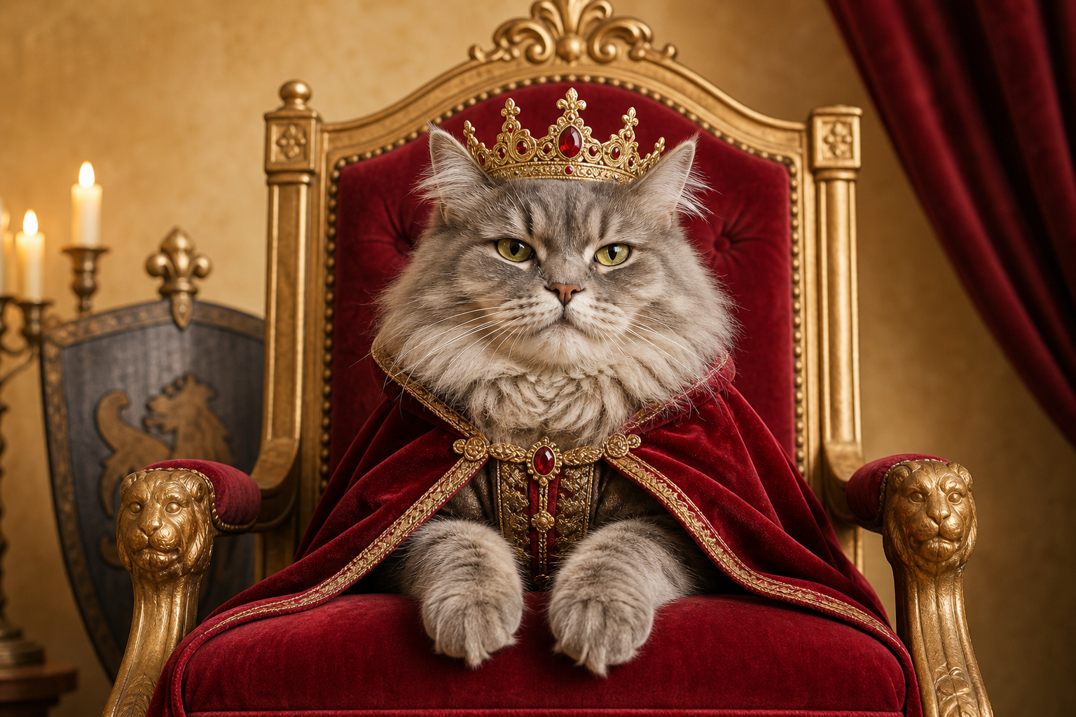 A fluffy gray longhair cat dressed as a medieval queen with a gold crown and velvet cloak, sitting on a vintage throne in a warm studio setting.
