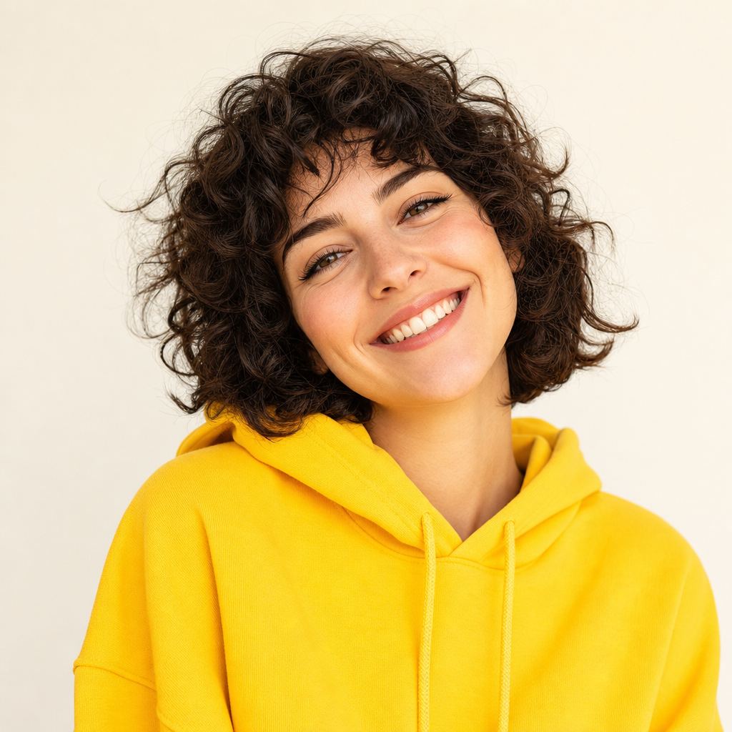 Smiling woman with short curly hair wearing a bright yellow hoodie