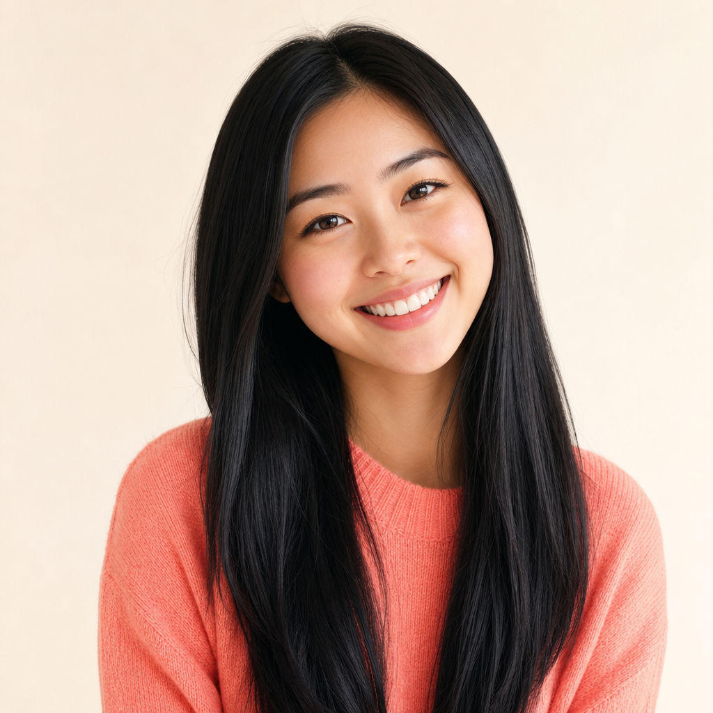Woman with long straight hair wearing a coral sweater