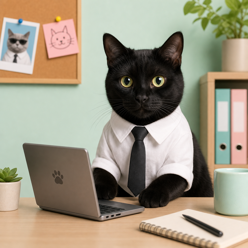 A sleek black cat in a white shirt and tie sitting at a desk with a tiny laptop