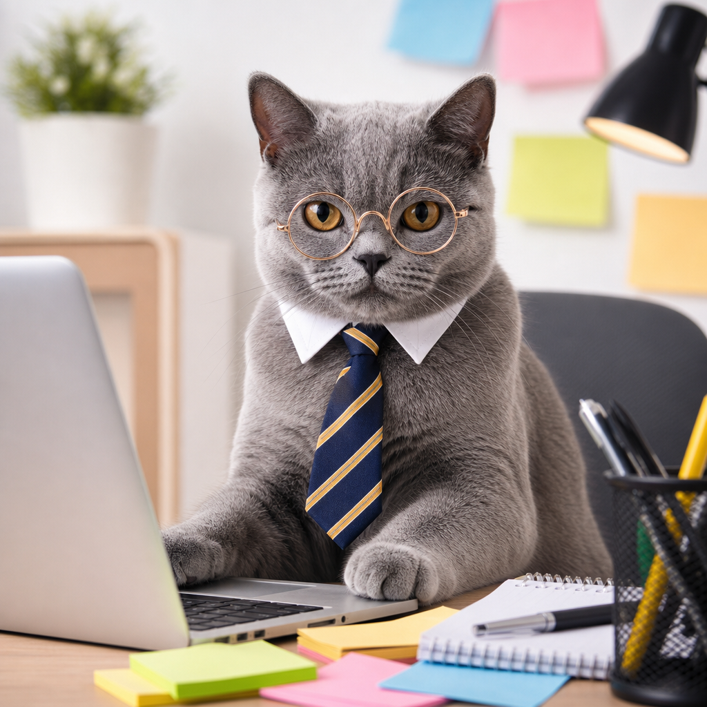 A sleek gray cat wearing tiny glasses and a tie, sitting at a desk with a laptop and sticky notes