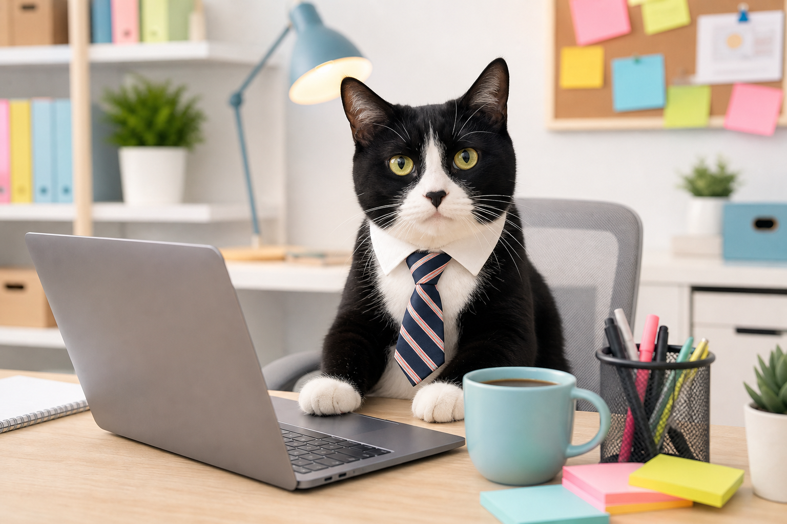 A black and white tuxedo cat wearing a tiny tie and sitting at a desk with a laptop, coffee mug, and sticky notes in a bright office.
