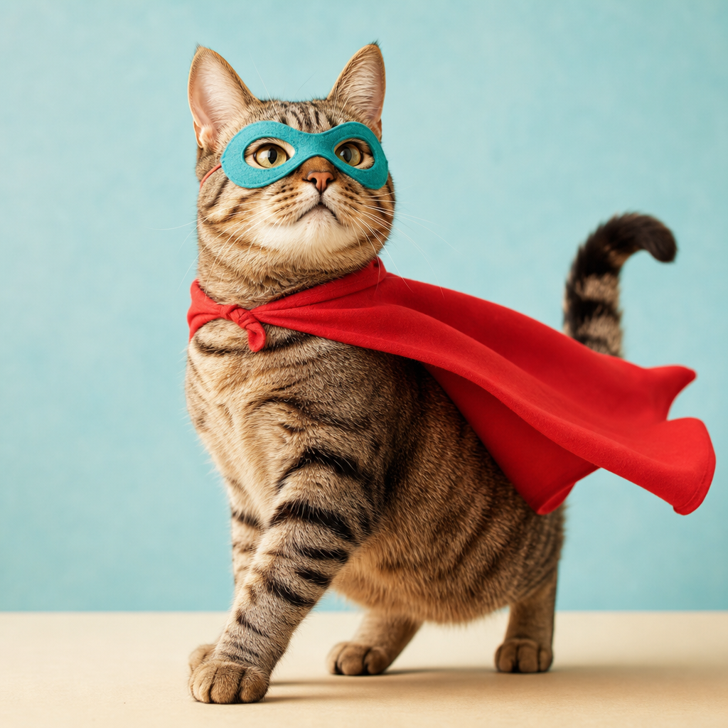 A tabby cat dressed as a tiny superhero with a red cape and teal mask