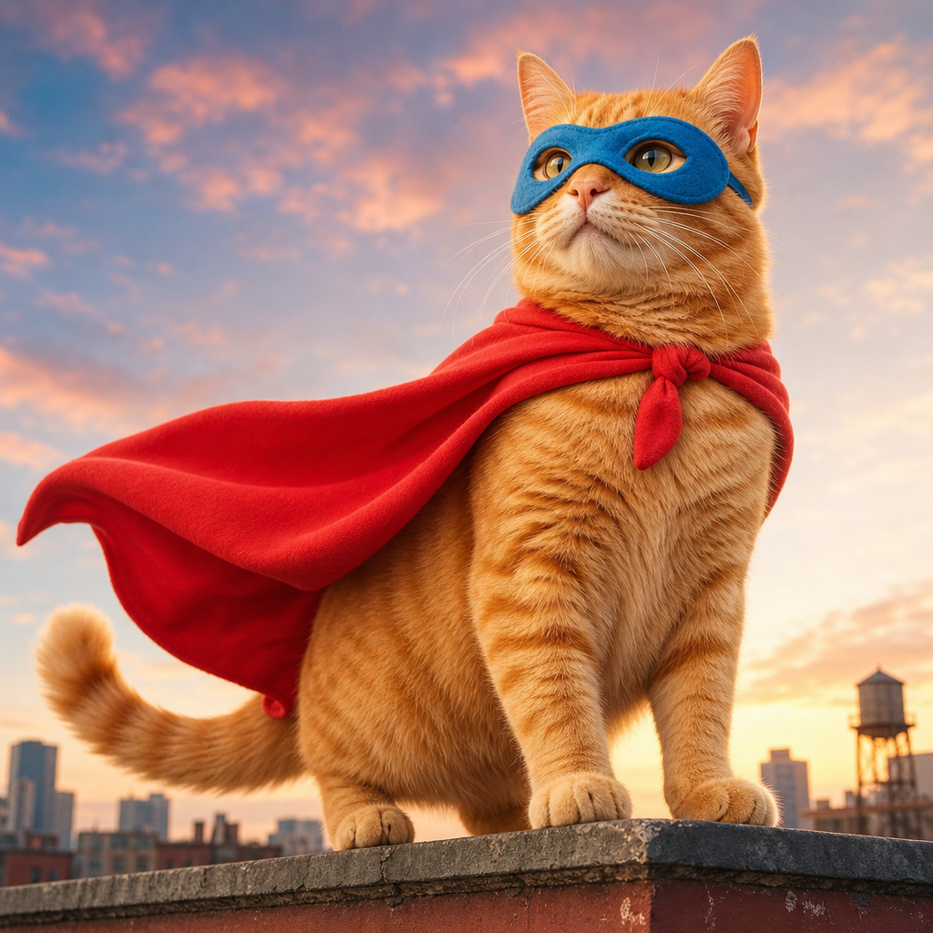 A fluffy orange tabby cat wearing a bright red superhero cape and blue mask, striking a heroic pose on a rooftop