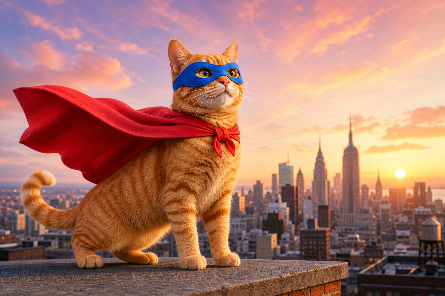 A sleek orange tabby wearing a bright red superhero cape and blue mask, standing on a rooftop at sunset with a playful heroic pose.