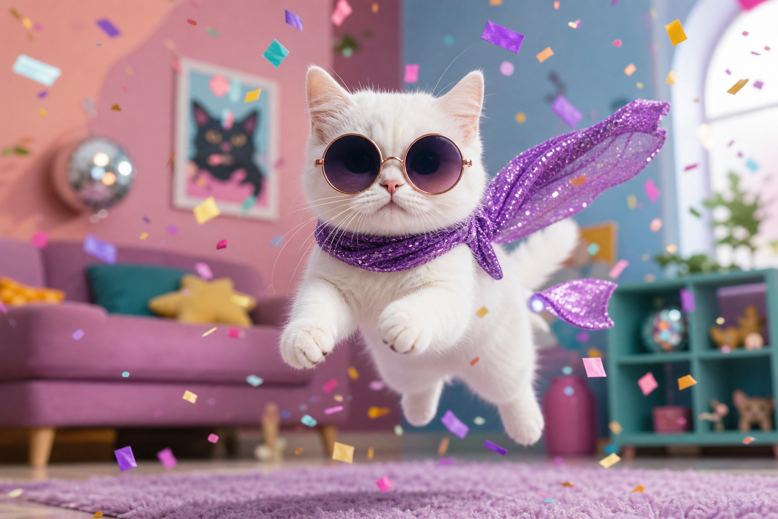 A small white cat wearing oversized round sunglasses and a sparkly purple scarf, caught mid-leap in a colorful room with floating confetti.
