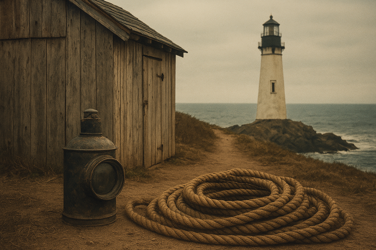 Weathered lighthouse outbuilding with signal lamp, ropes, and sea-sprayed timber along a windy northern shoreline