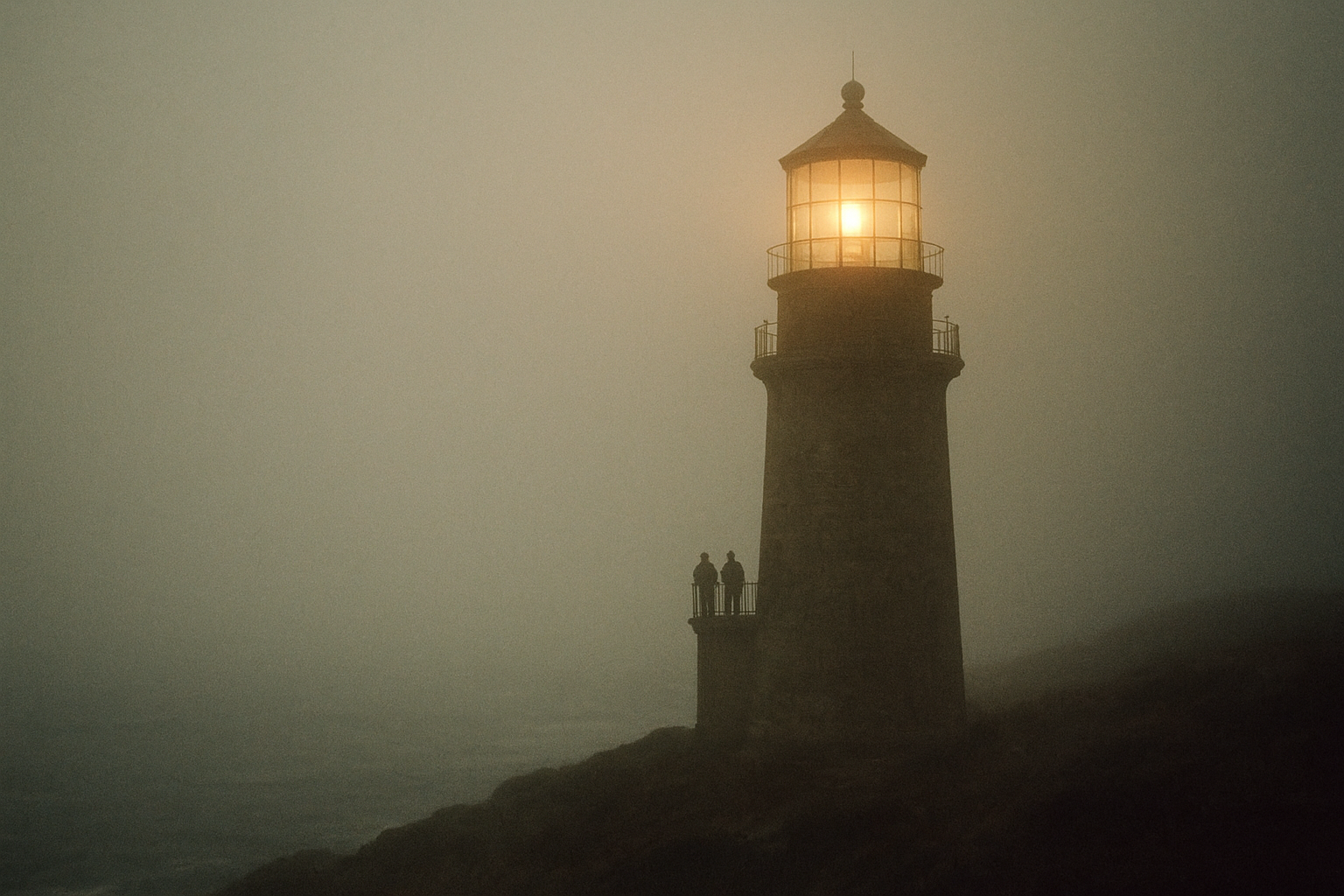 Distant tower view through fog at dusk, with maintenance crew silhouettes near the gallery rail