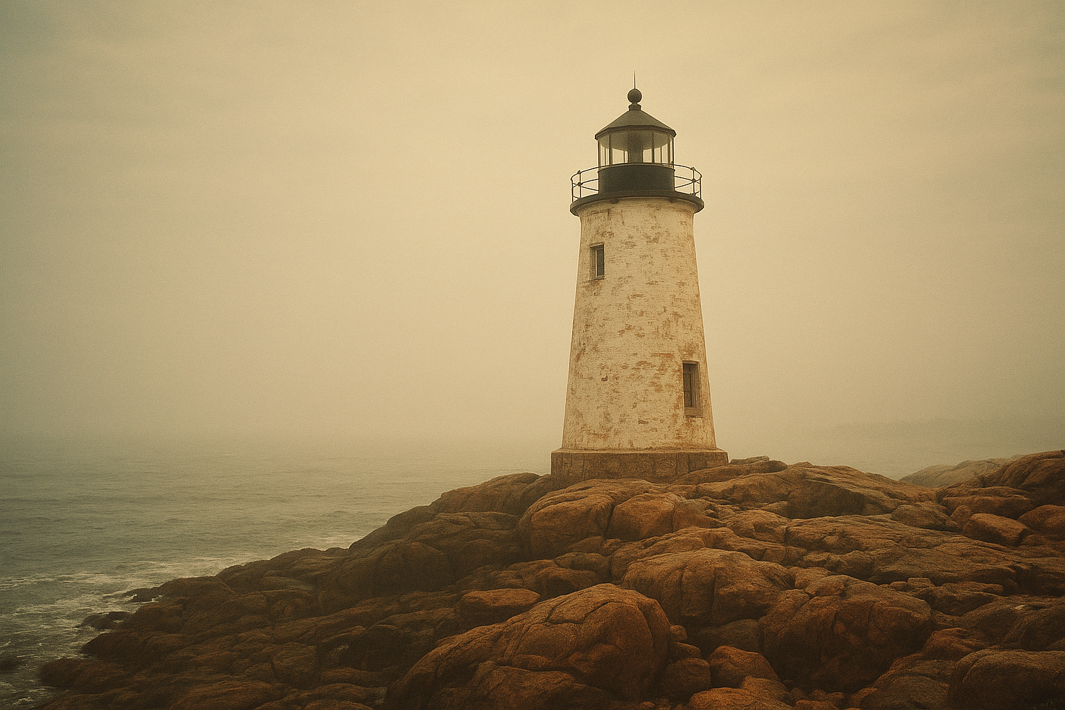 Historic northern coastal lighthouse above rocky shoreline in sea haze, warm film-photography mood