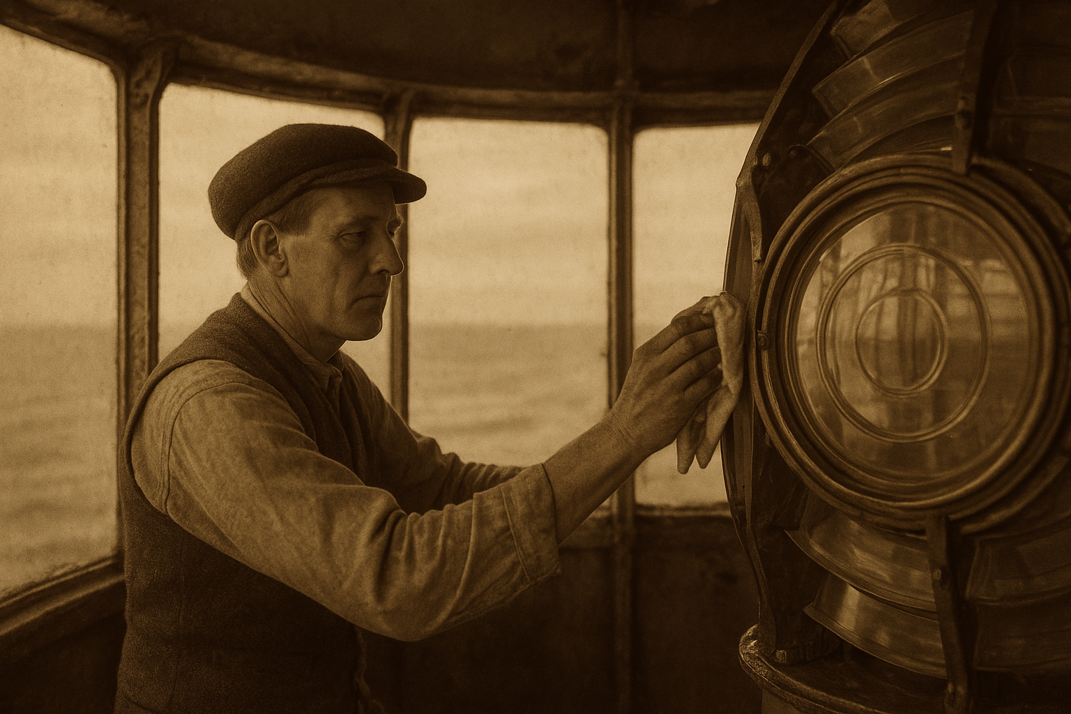 Archival scene of a keeper polishing lantern glass inside a brass-framed lantern room at dawn