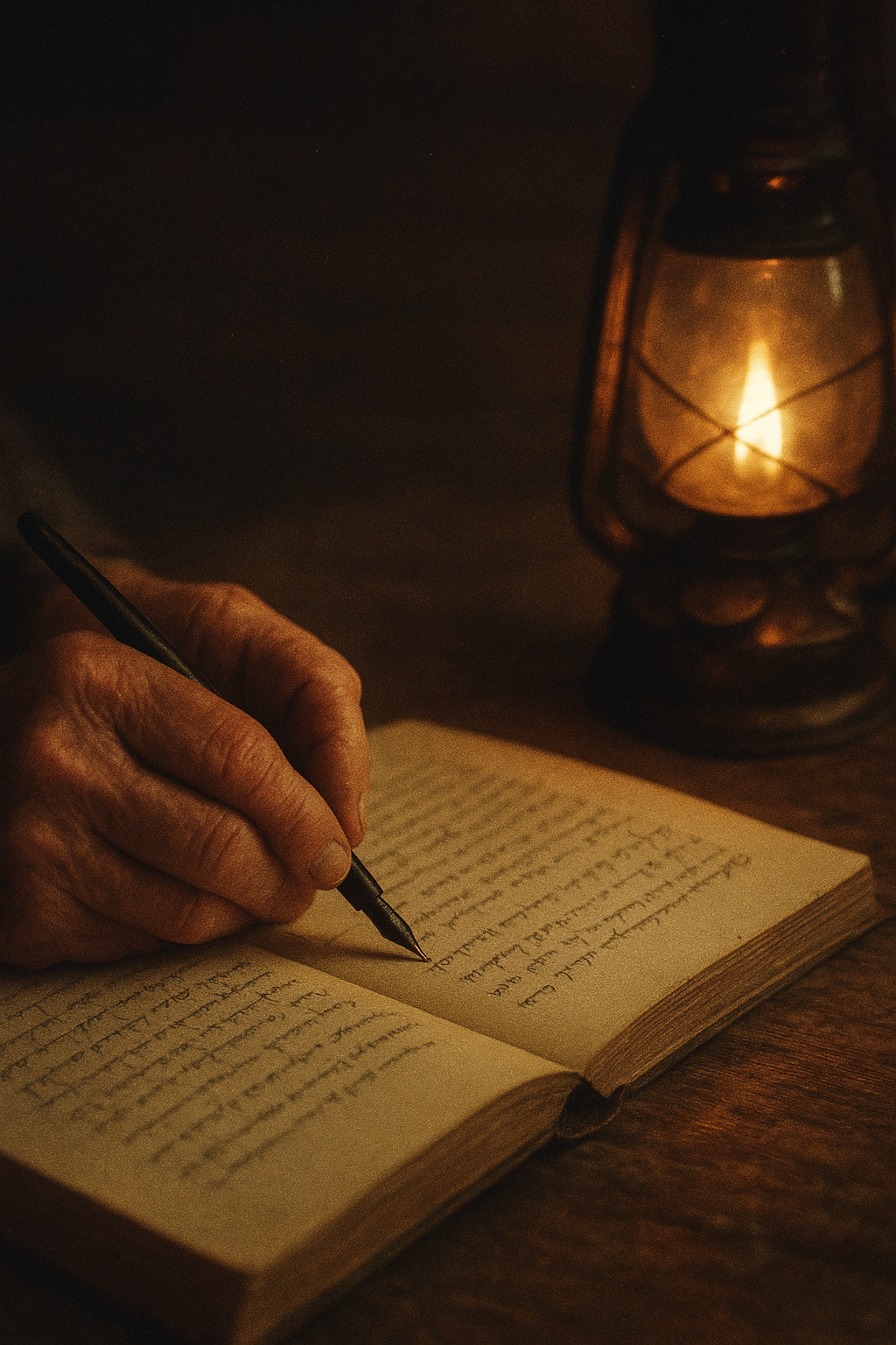 Close archival photograph of weathered hands annotating a lighthouse logbook beside an oil lantern