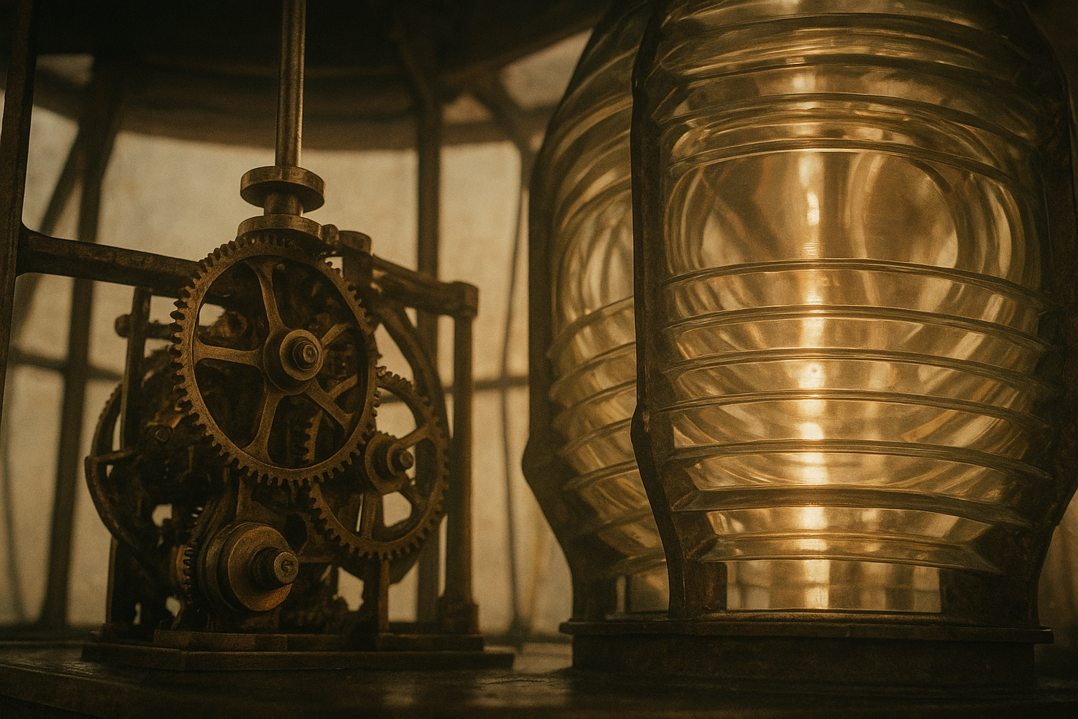 Close view of a brass lantern mechanism with Fresnel lens segments catching warm interior light