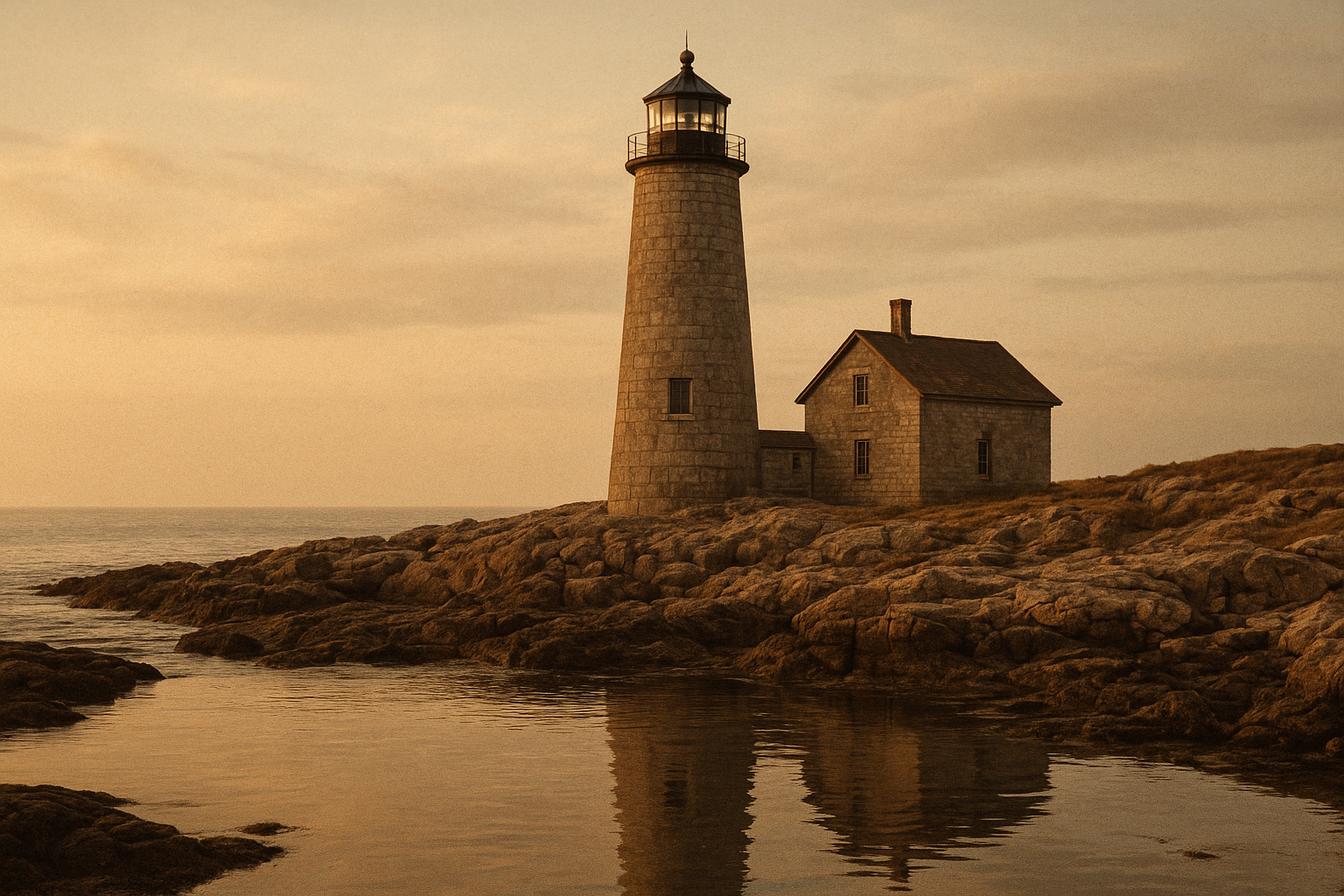 Tall granite lighthouse on a rugged northern coastline at golden hour with warm film grain