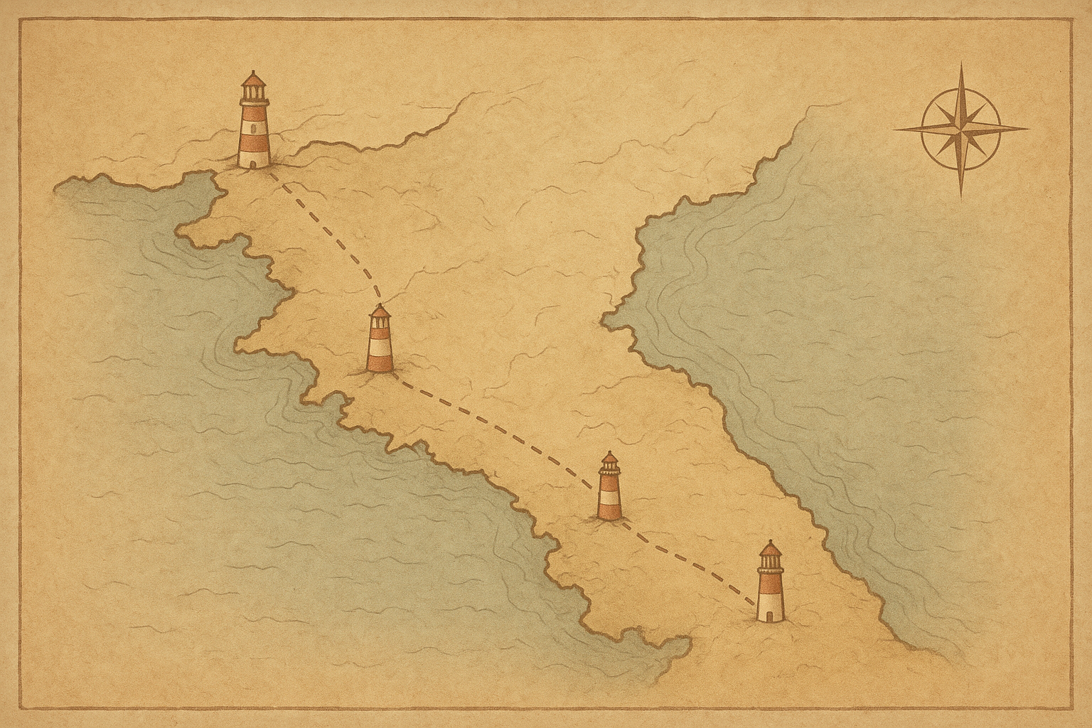 Illustrated archival-style map of the northern coastline with preserved lighthouse towers and route cues