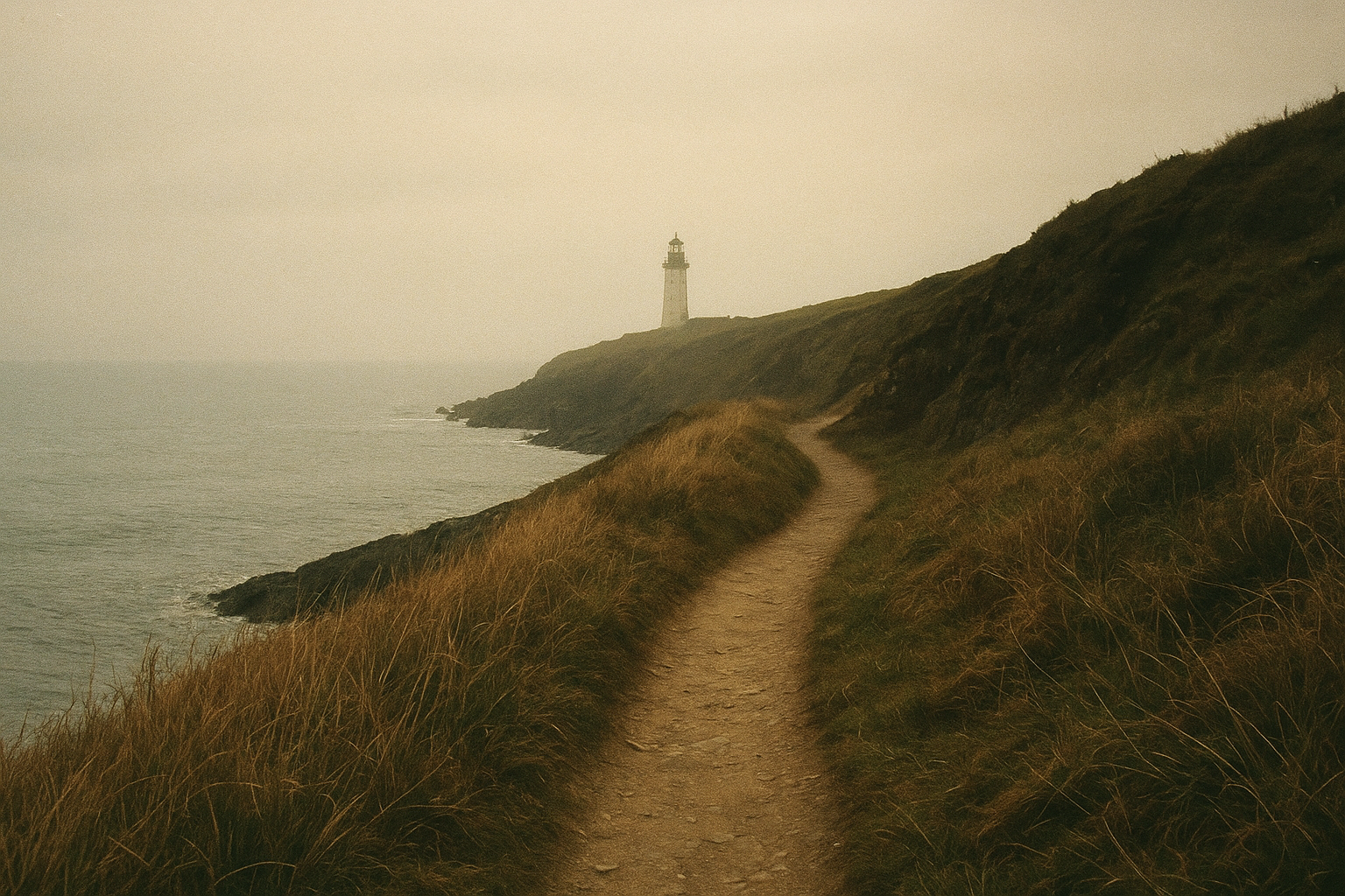 Narrow footpath descending toward a lighthouse with sea grass and dark coastal cliffs under soft haze