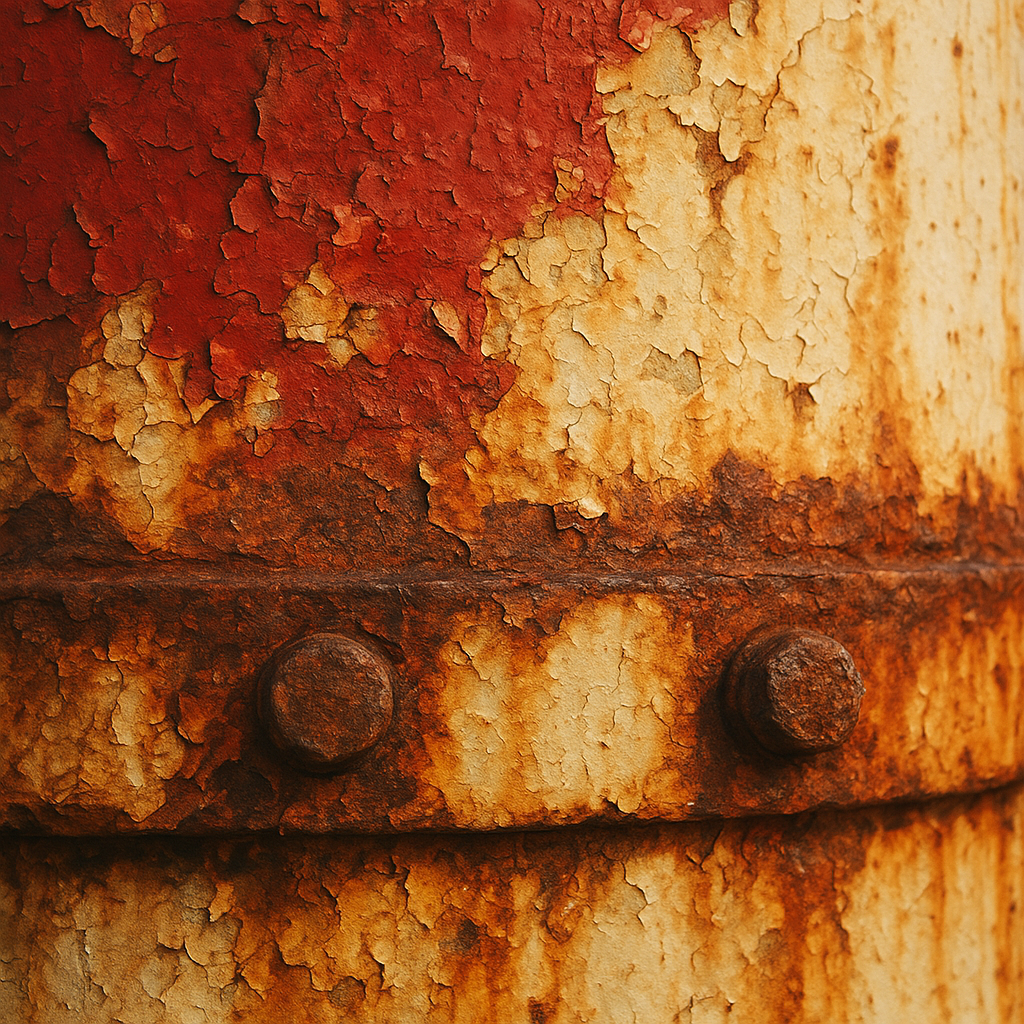 Weathered red and cream lighthouse paint with rusted bolts and salt-worn texture in close-up