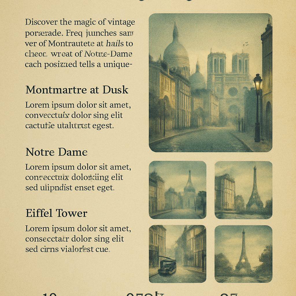 Vintage postcard of Montmartre at dusk, muted blue and gold tones