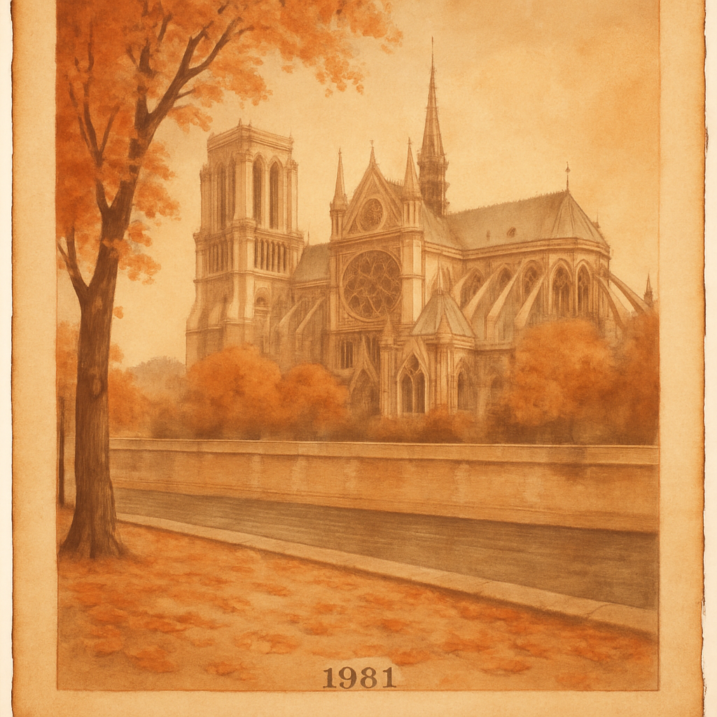 Autumn postcard of Notre-Dame, soft orange and brown hues