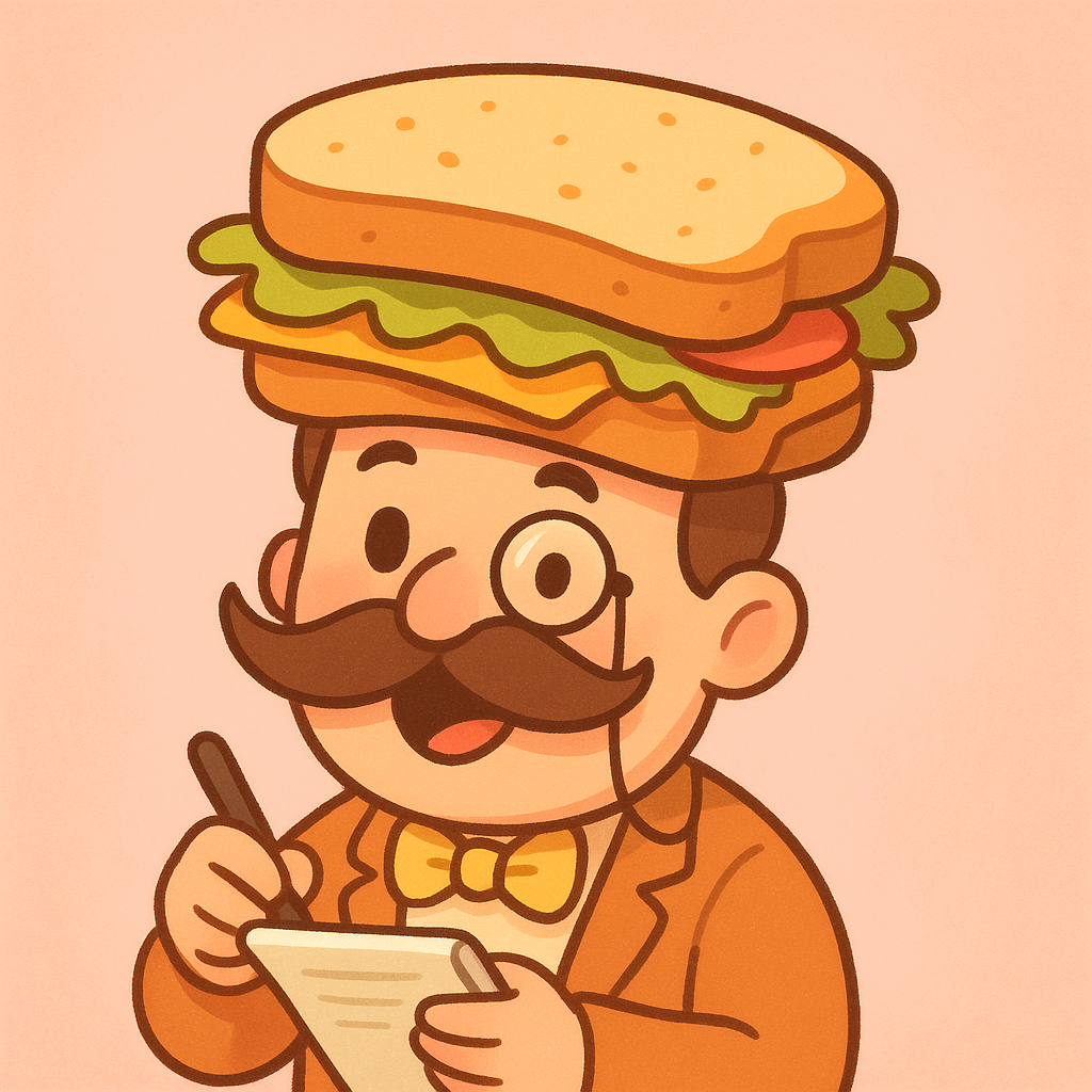 Playful avatar of a food critic with a monocle and sandwich hat