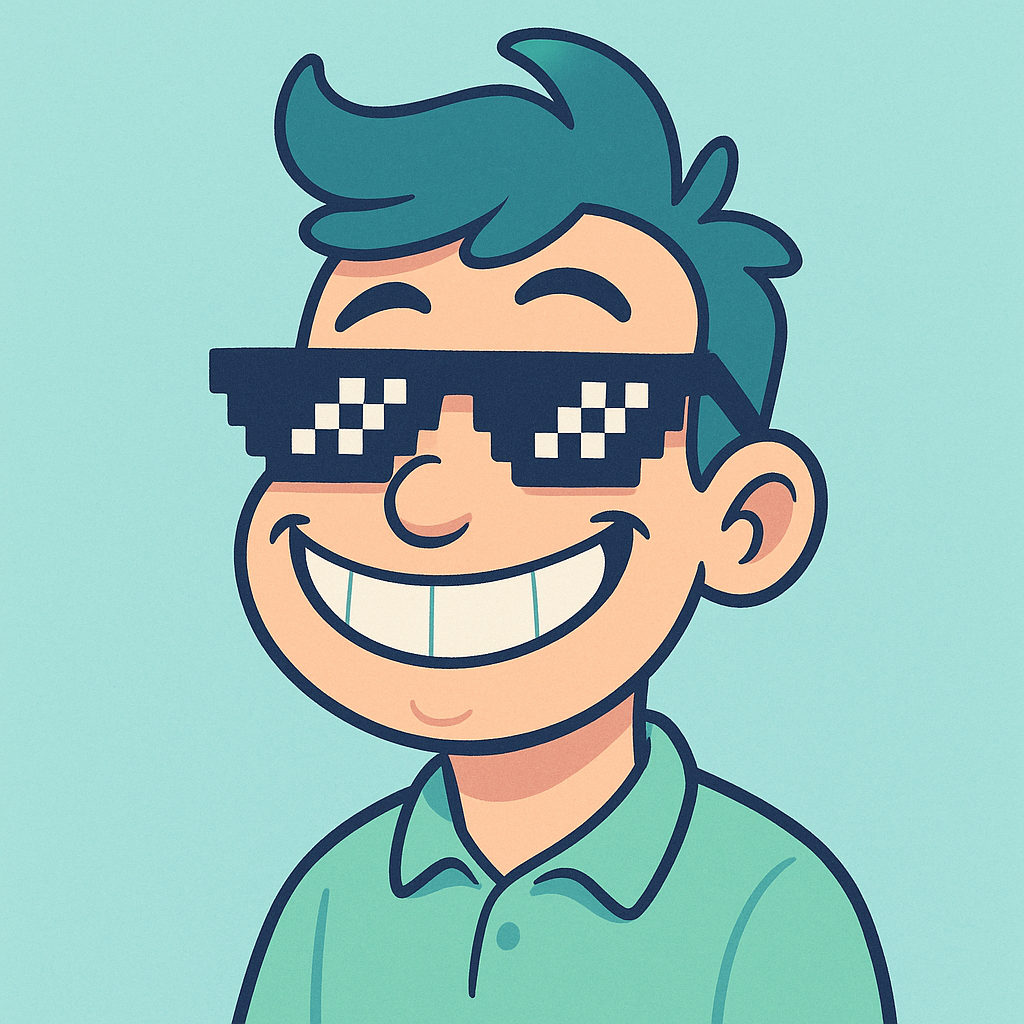Funny avatar of a meme expert with pixel sunglasses and a sandwich smile