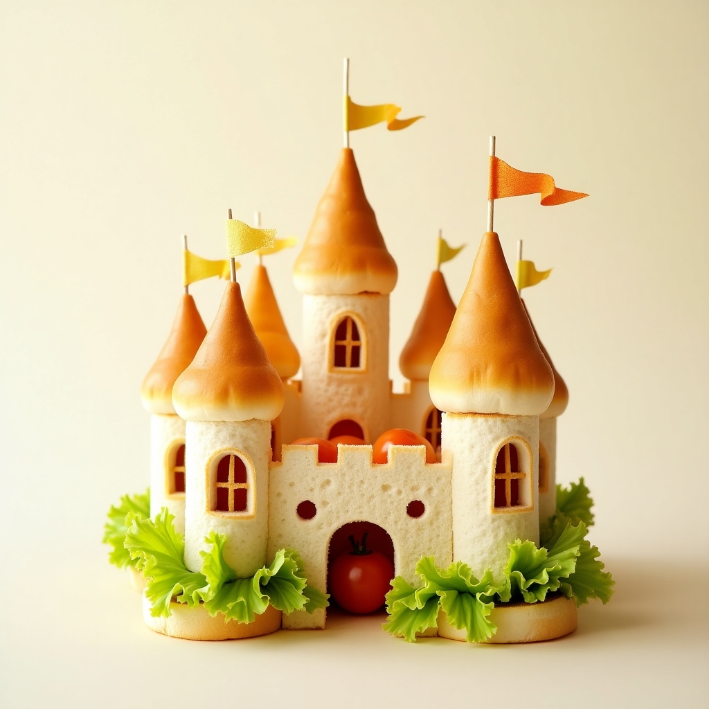 Sandwich arranged like a quirky fairytale castle with lettuce flags and tomato windows