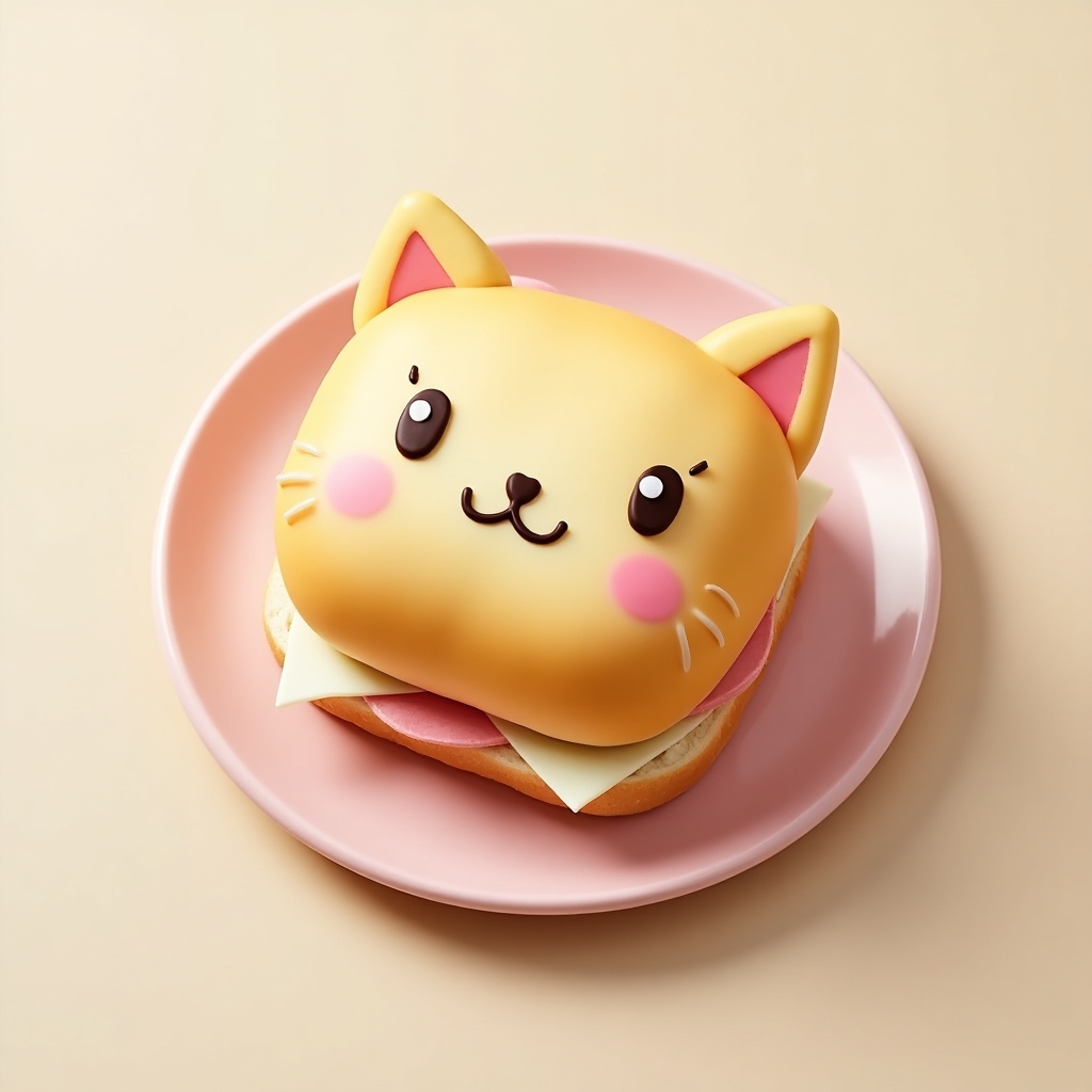 Sandwich shaped like a smiling cartoon cat with pink cheeks on a pastel plate