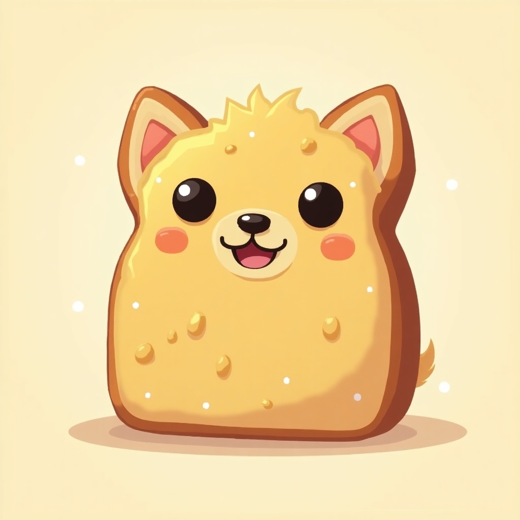 Sandwich in the shape of the Doge meme with a silly expression, using cheese and olives