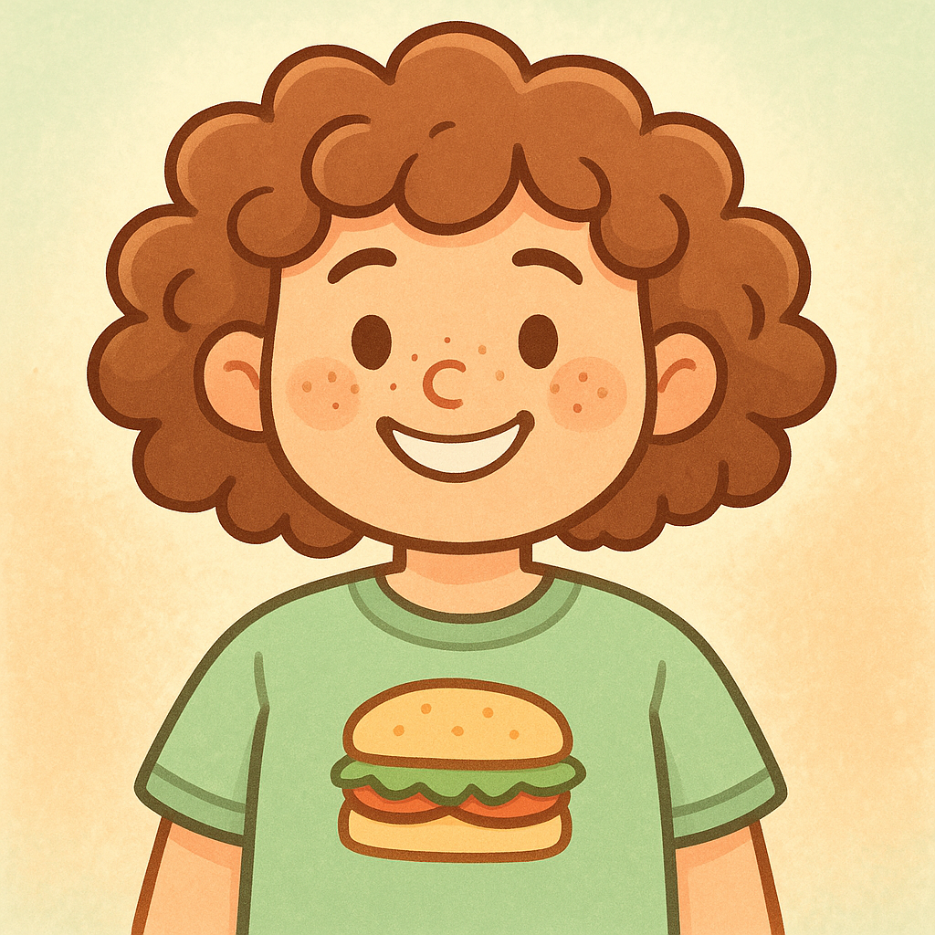 Cute avatar of a sandwich fan with freckles, curly hair, and a sandwich t-shirt