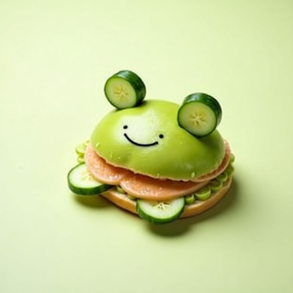 Sandwich styled as a happy frog with cucumber eyes on a pastel background