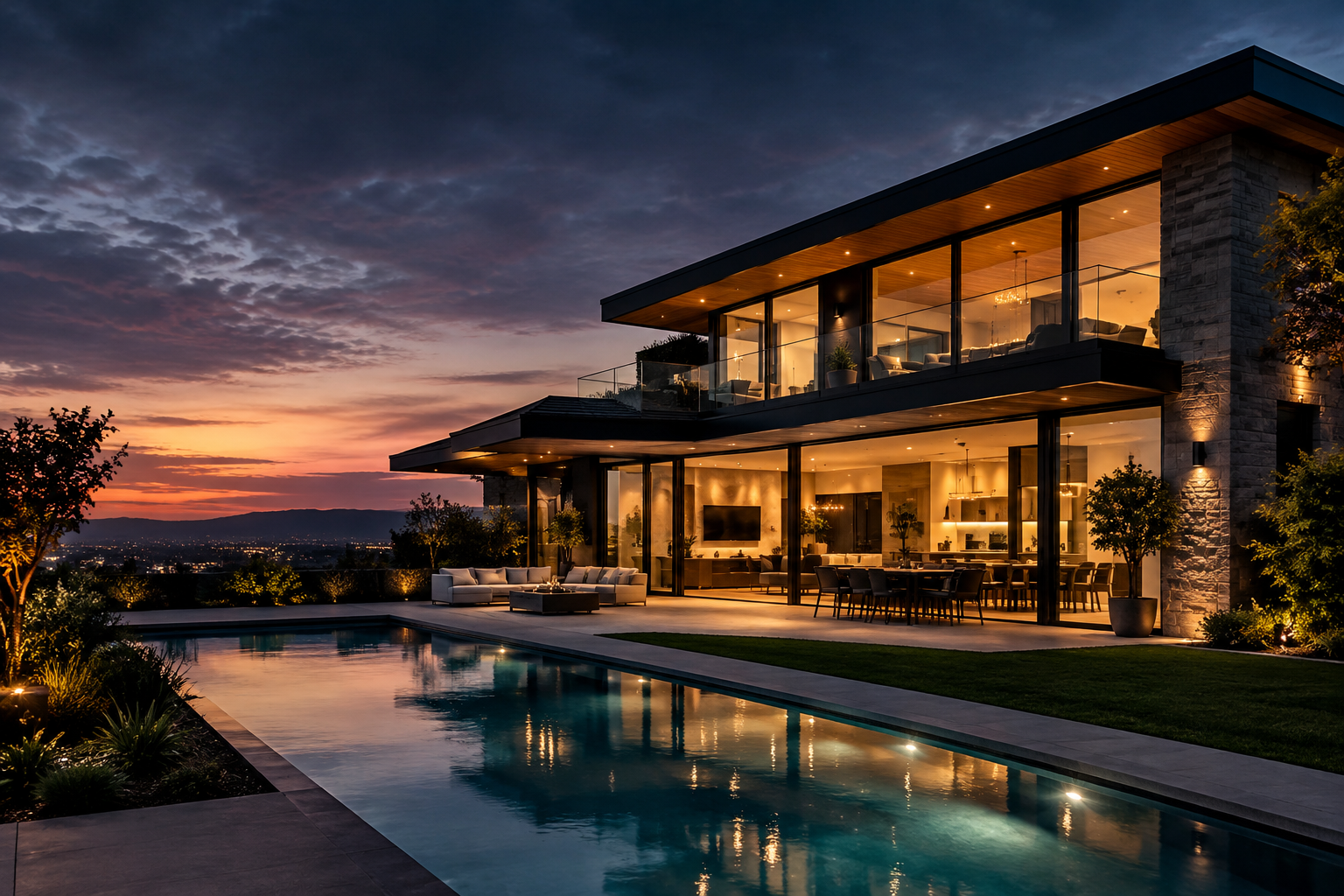 Cinematic twilight view of a luxury modern home with floor-to-ceiling glass and warm interior lighting