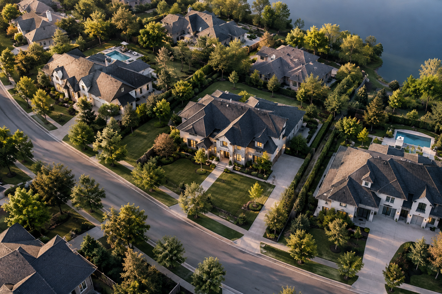 Aerial perspective of an upscale residential street with landscaped lots and surrounding greenery