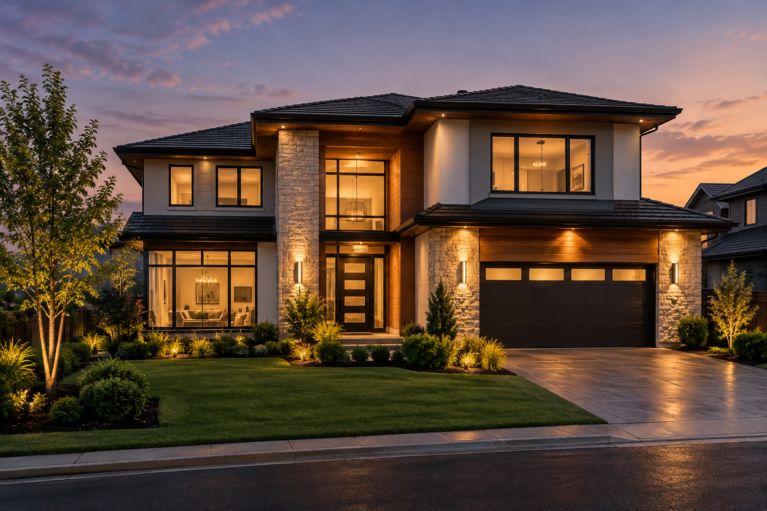 Contemporary two-story home exterior at twilight with architectural lighting and clean landscaping