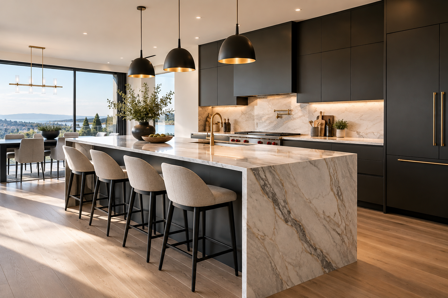 High-end kitchen with waterfall island, matte cabinetry, and styled bar stools