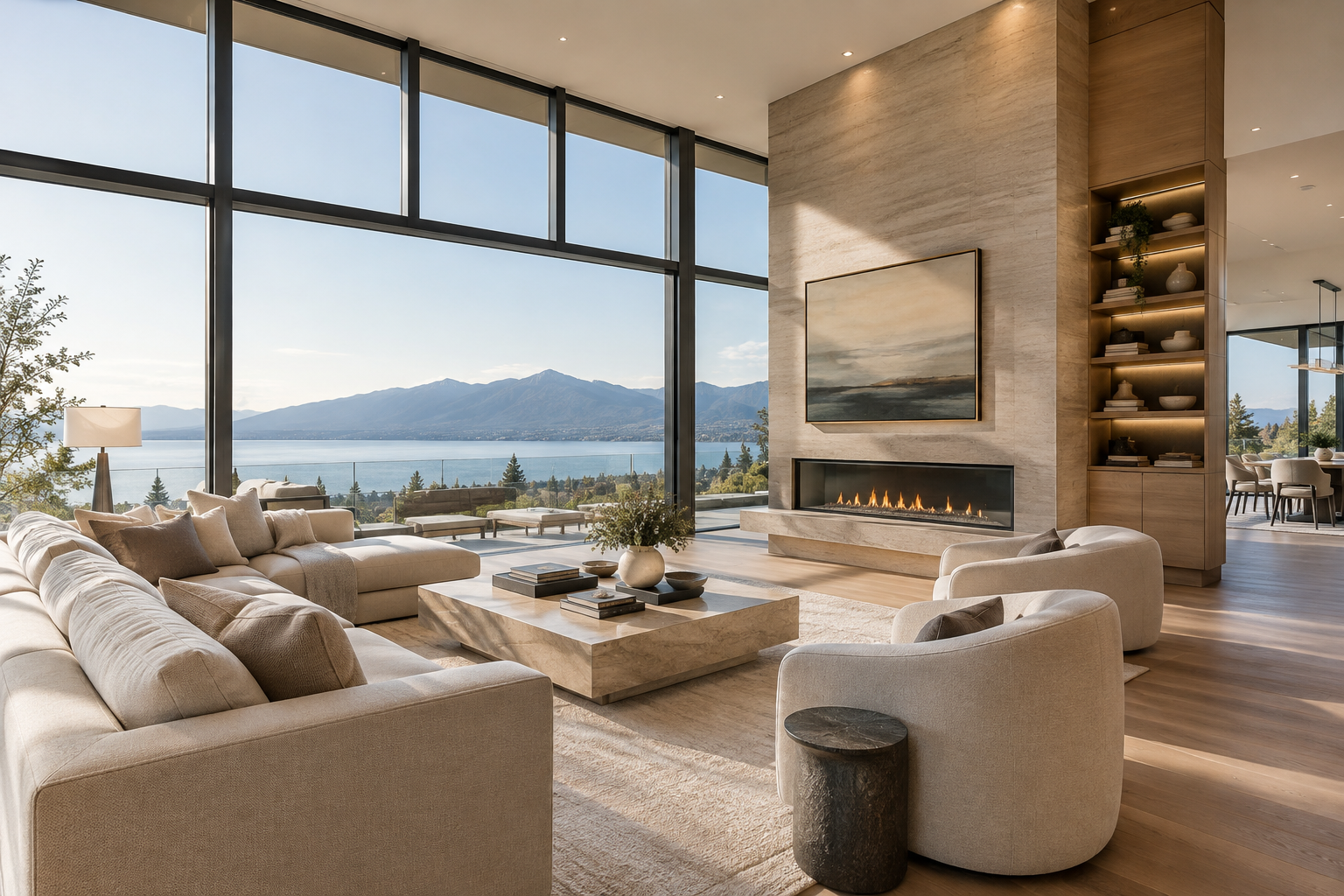 Wide-angle luxury living room with floor-to-ceiling windows, neutral furnishings, and warm natural light