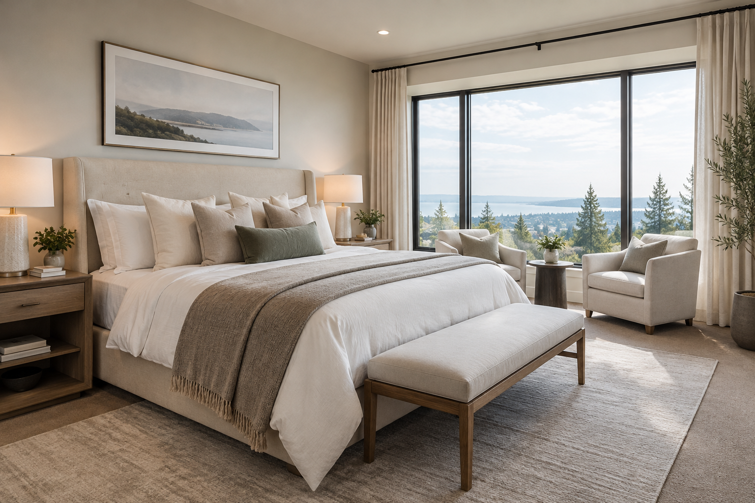 Staged primary bedroom with layered textiles, soft window light, and curated decor accents