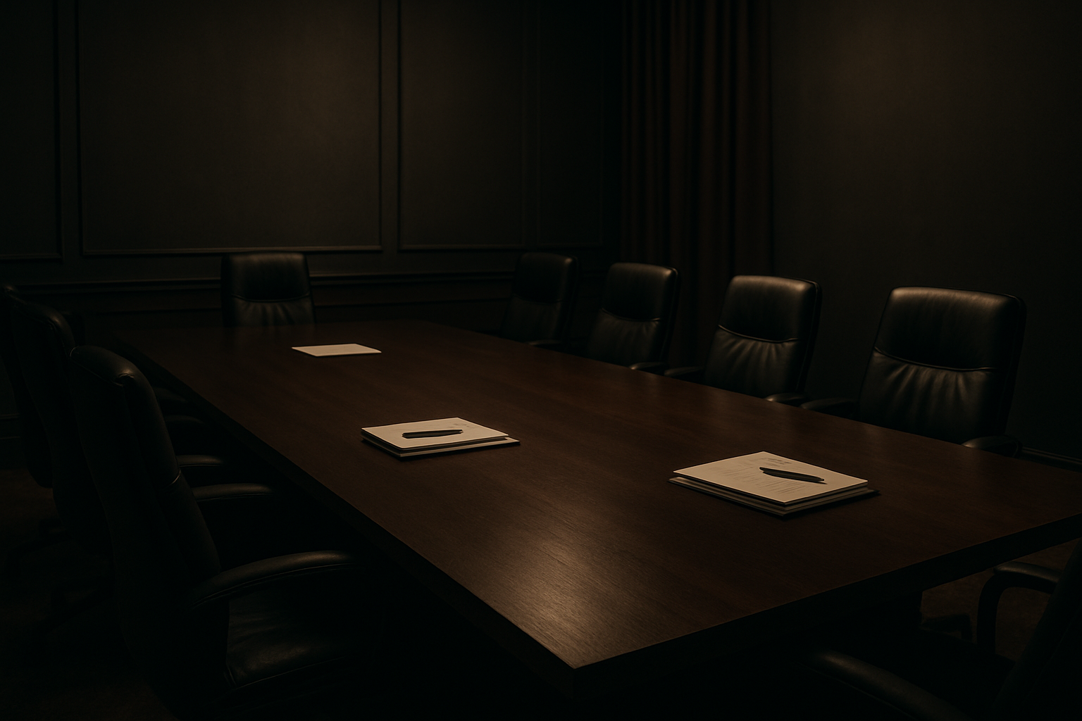 Quiet executive boardroom with soft lighting, a long dark table, and minimal documents arranged neatly for discreet alignment.