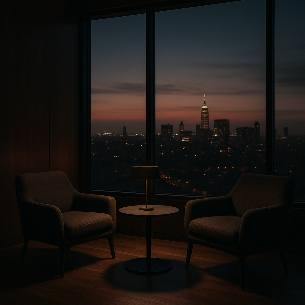 Sophisticated advisory lounge with modern chairs, low lighting, and panoramic city backdrop at dusk
