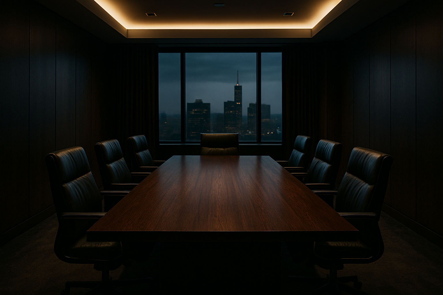 Refined executive boardroom with dark wood table, leather chairs, and soft ambient lighting