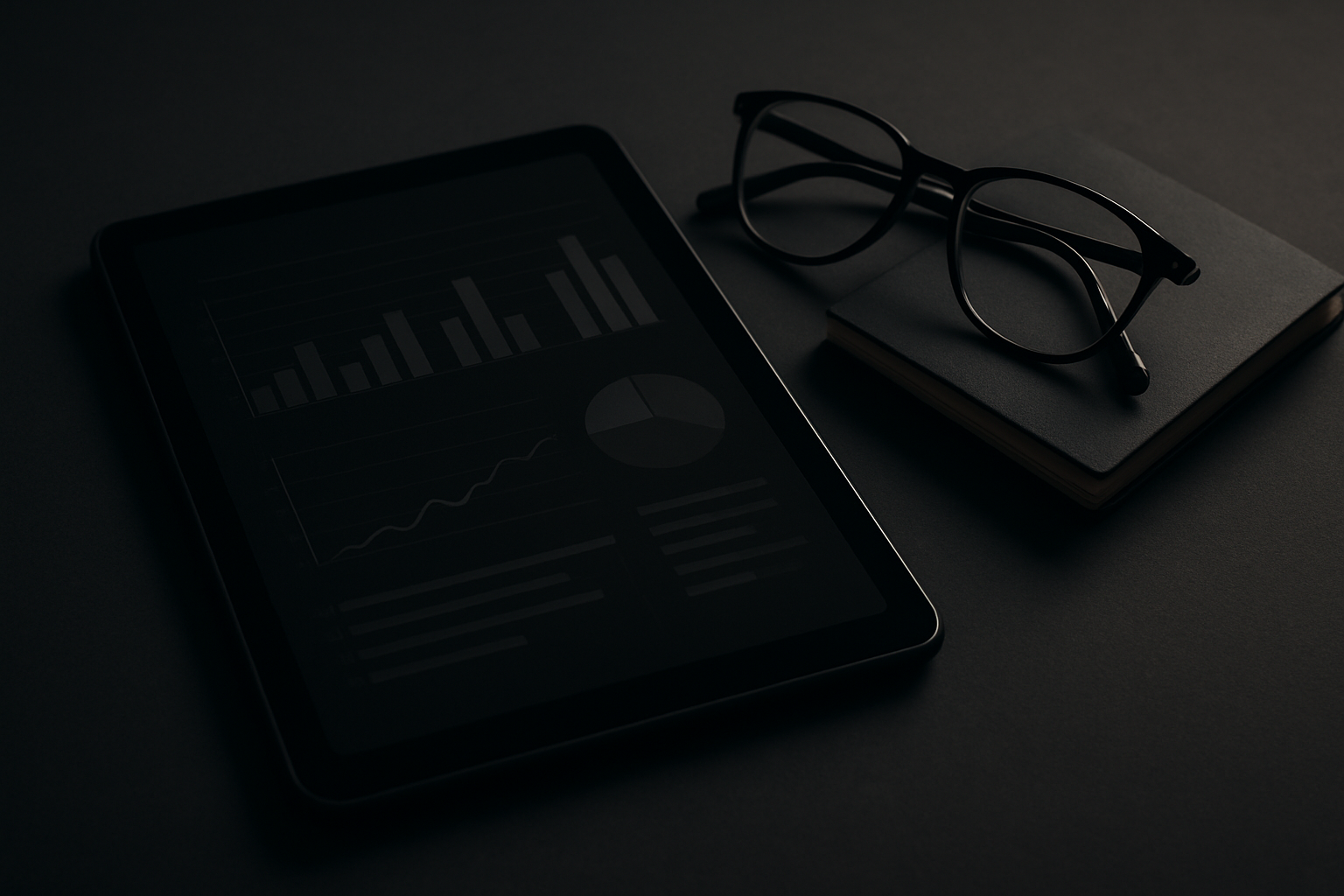 Close-up of a matte black tablet displaying anonymized charts beside a pair of reading glasses and a folded notepad on a charcoal surface