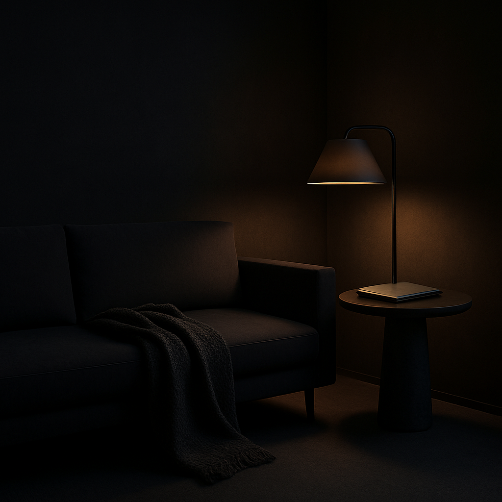 Elegant private lounge corner with a low sofa, subtle lighting, and a closed portfolio on a stone side table