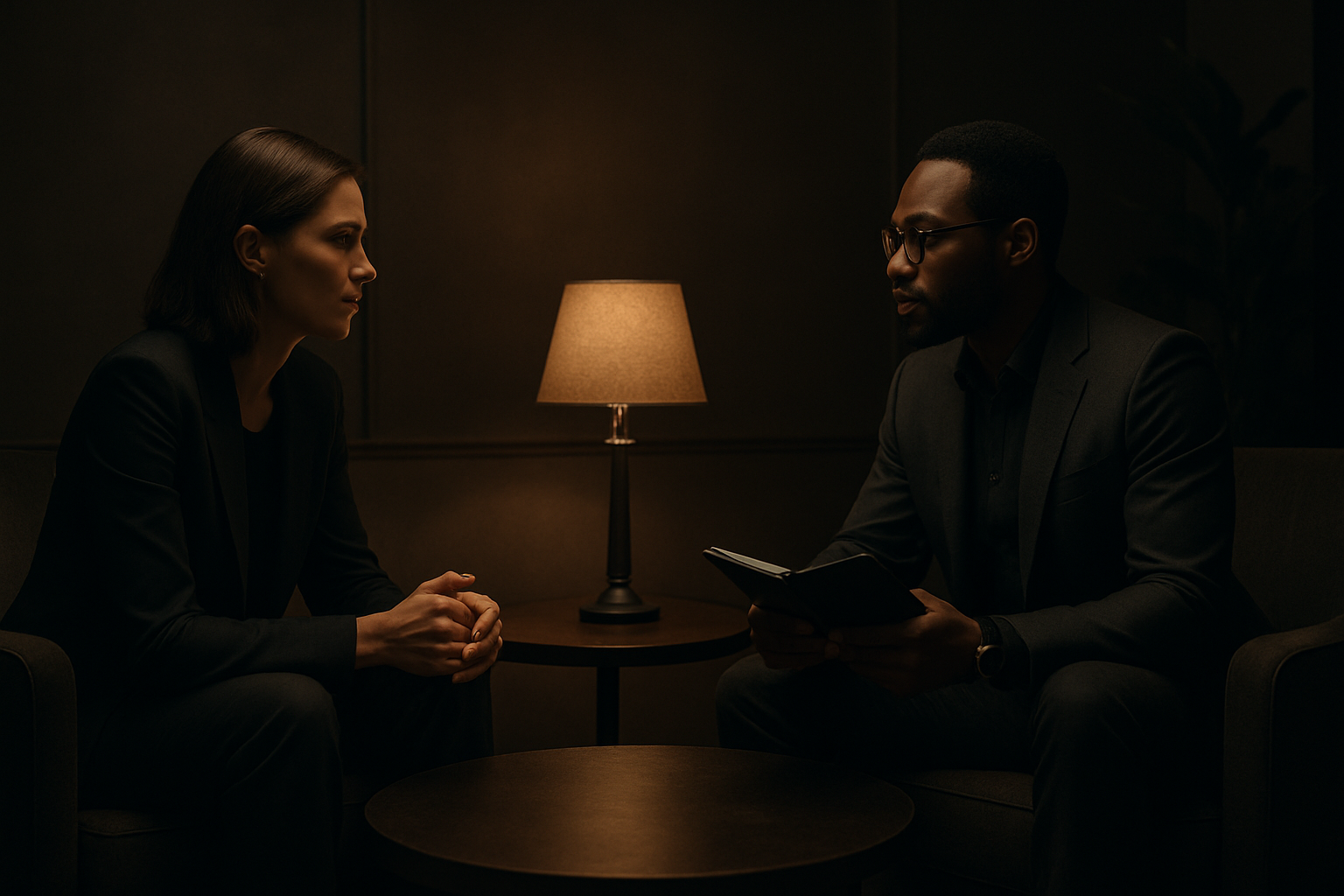 One-on-one confidential consultation in a refined lounge with soft ambient light