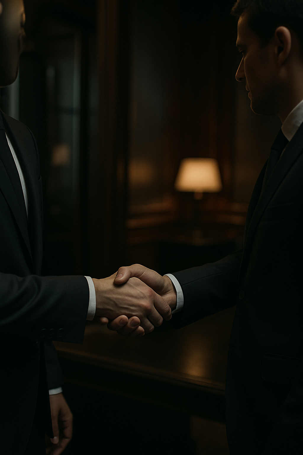 Close-up of two professionals in dark tailored attire exchanging a discreet handshake in a softly lit private office.