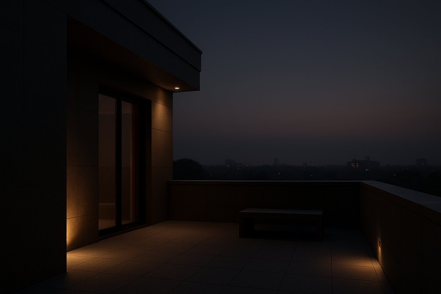 Muted evening terrace with warm architectural lighting and subtle city lights in the distance, conveying calm and discretion