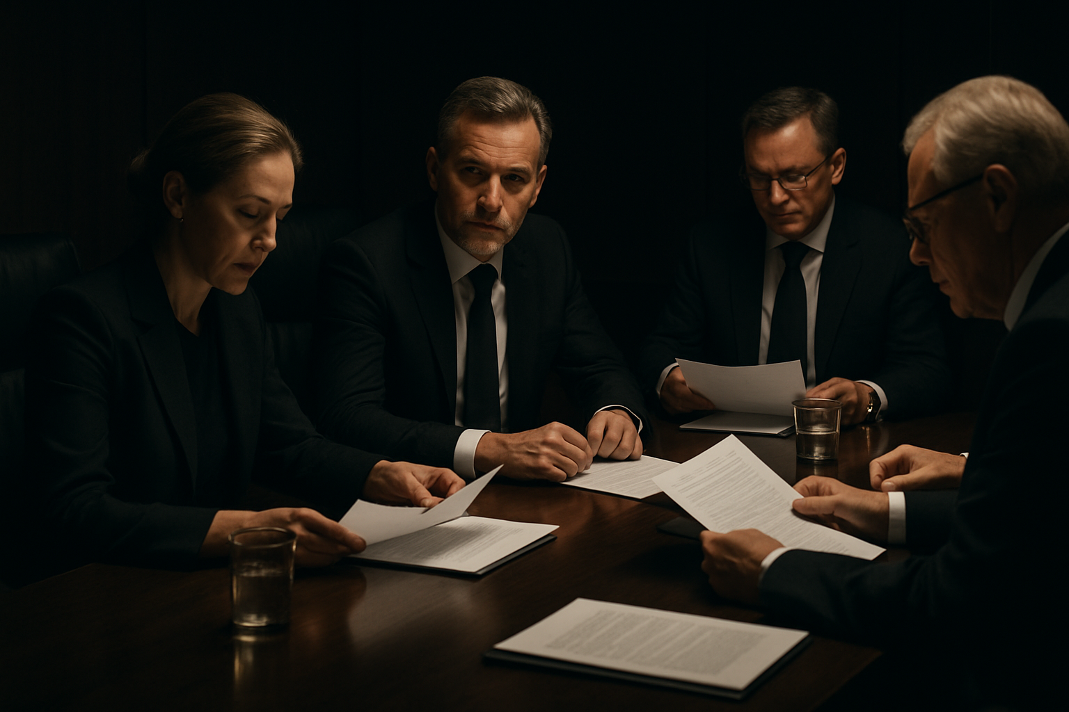 Senior leadership team meeting in a dim modern boardroom with muted lighting