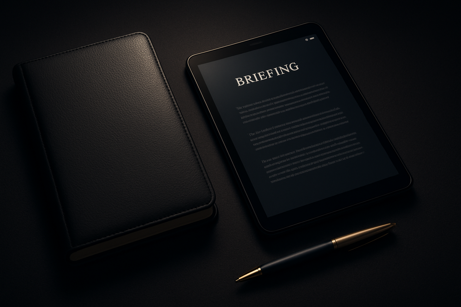 Close-up of a leather-bound notebook and tablet displaying a brief on a sleek desk with subtle gold accents