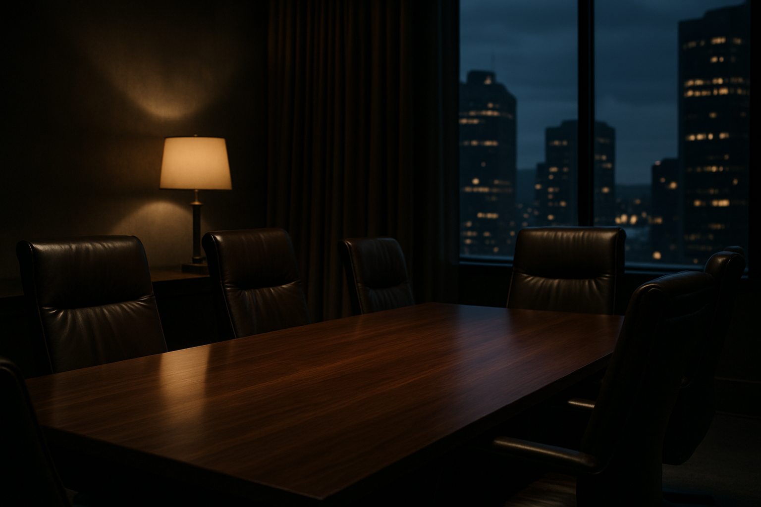 A refined executive meeting space with a walnut table, leather chairs, and soft ambient lighting
